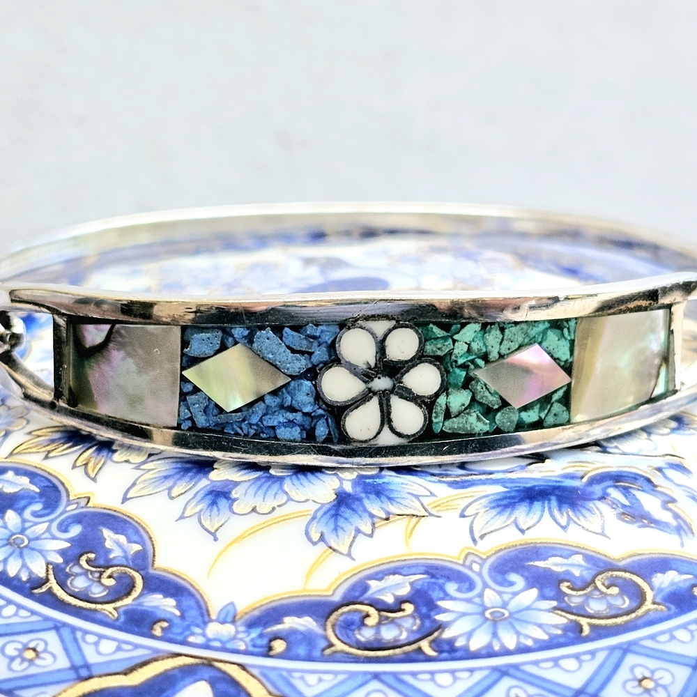 Mexico 925 Inlaid Gemstone Hinged Bracelet Michoan 925 - Picture 6 of 14